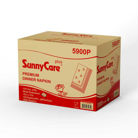 SunnyCare Plus 5900P 2-Ply White Premium Dinner Napkins, 3000 Napkins/Case