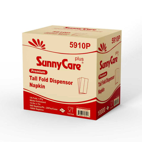 SunnyCare 5910P One-Ply Tall Fold Dispenser Napkins, White, Embossed, 500 Sheets/Pack, 20 Packs/Case