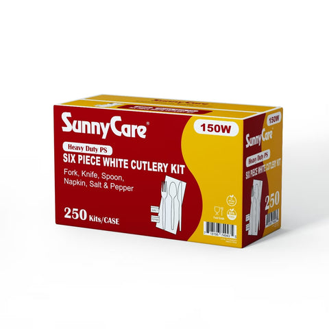 SunnyCare 150W Six Piece White Cutlery Kit  Fork, Knife, Spoon, Napkin, Salt & Peppe  Heavy Duty PS White 250 Kits/Case