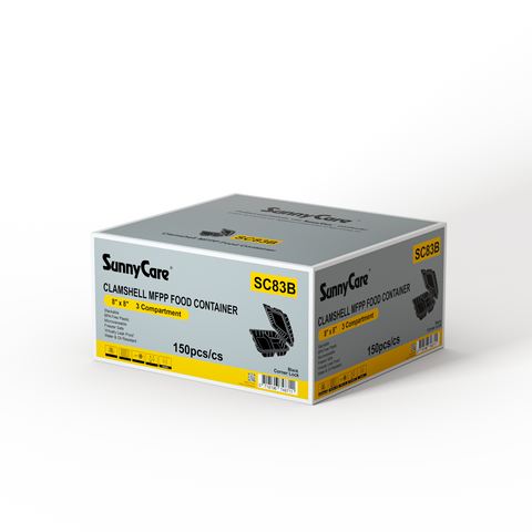 SunnyCare SC83B  8" x 8" 3-Compartment Microwaveable Black Plastic Hinged To-Go Container - 150/Case