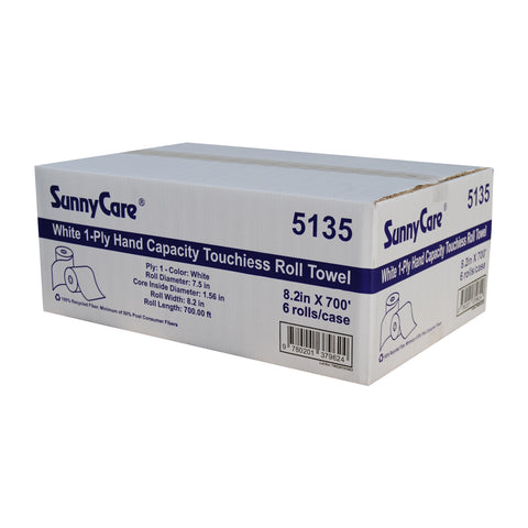 SunnyCare 5135 White 1-Ply Hand Capacity Touchless Roll Towel, 8.2" x 700', 6 Rolls/Case