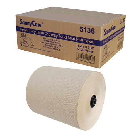 SunnyCare 5136 Brown 1-Ply Hand Capacity Touchless Roll Towel, 8.2" x 700', 6 Rolls/Case