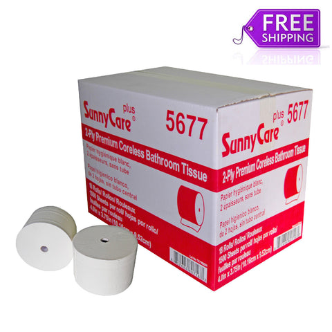 SunnyCare Plus 5677 2-Ply Premium Coreless Bathroom Tissue – 18 Rolls/Case