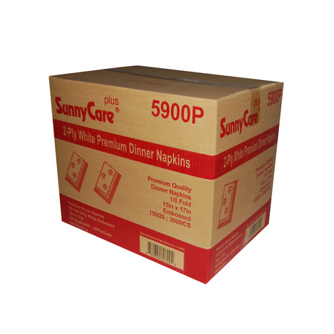 SunnyCare Plus 5900P 2-Ply White Premium Dinner Napkins, 3000 Napkins/Case