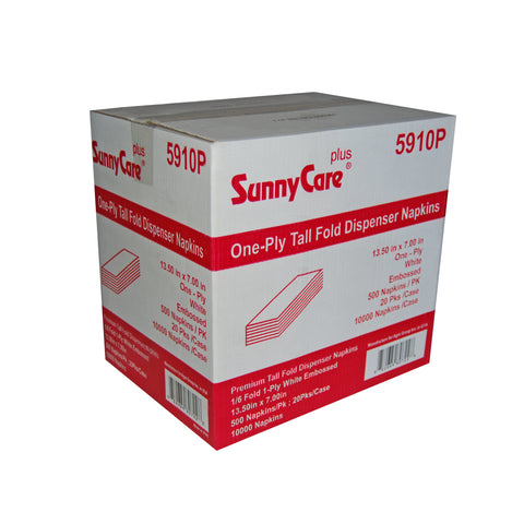 SunnyCare 5910P One-Ply Tall Fold Dispenser Napkins, White, Embossed, 500 Sheets/Pack, 20 Packs/Case