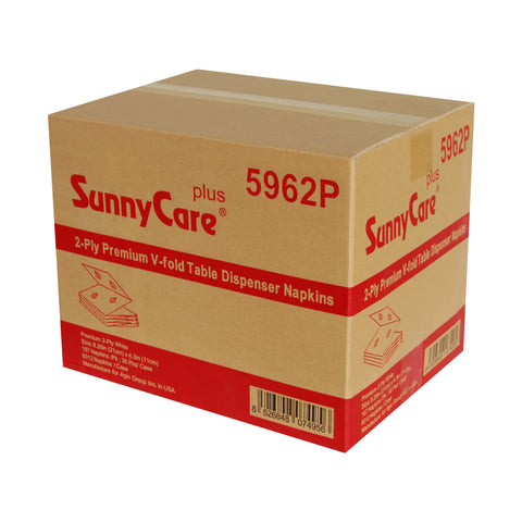 SunnyCare Plus 5962P 2-Ply Premium V-Fold Table Dispenser Napkins, White, 8.2" x 4.3", 6012 Napkins/Case