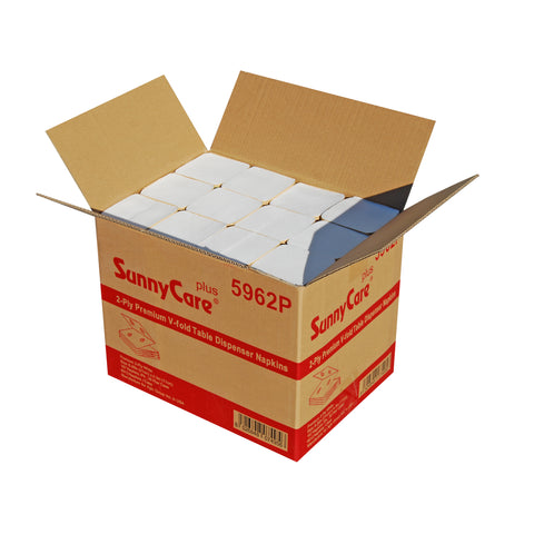 SunnyCare Plus 5962P 2-Ply Premium V-Fold Table Dispenser Napkins, White, 8.2" x 4.3", 6012 Napkins/Case