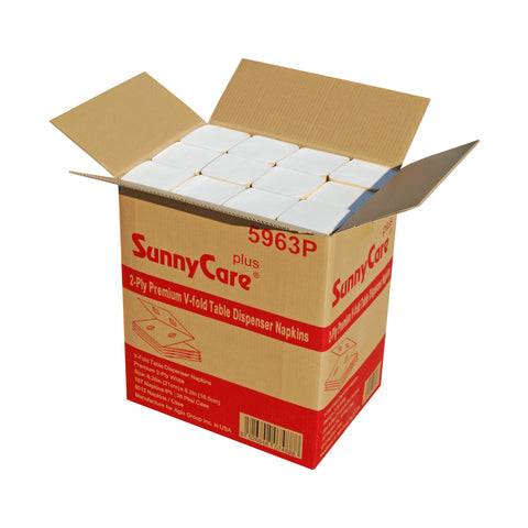 SunnyCare Plus 5963P 2-Ply Premium V-Fold Table Dispenser Napkins, White, 8.2" x 6.3", 6012 Napkins/Case