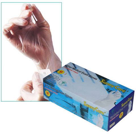 SunnyCare #7602 Powder Free Vinyl Medical Examination Gloves M Size - 100 Count Latex Free