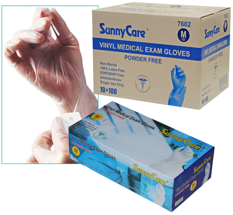 SunnyCare #7602 Powder Free Vinyl Medical Examination Gloves M Size - 1000 Count Latex Free