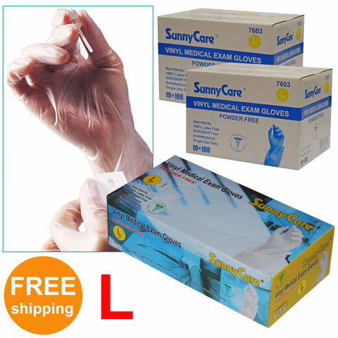 SunnyCare #7603 Powder Free Vinyl Medical Examination Gloves L Size - 1000 Count Latex Free