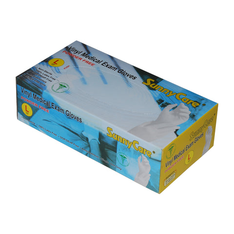 SunnyCare #7603 Powder Free Vinyl Medical Examination Gloves L Size - 100 Count Latex Free