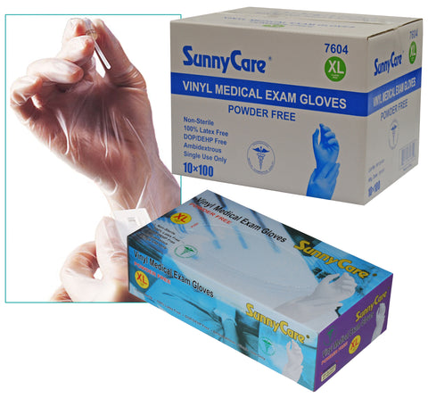 SunnyCare #7604 Powder Free Vinyl Medical Examination Gloves XL Size - 1000 Count Latex Free