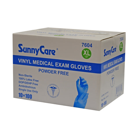 SunnyCare #7604 Powder Free Vinyl Medical Examination Gloves XL Size - 1000 Count Latex Free