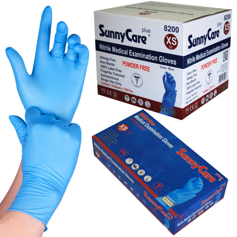 SunnyCare #8200 4.0mil Bule Nitrile Exam Gloves Powder Free XS 128 Case Free Shipping