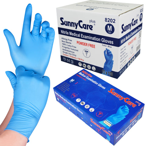 SunnyCare #8202 4.0mil Bule Nitrile Exam Gloves Powder Free M 128 Case Free Shipping
