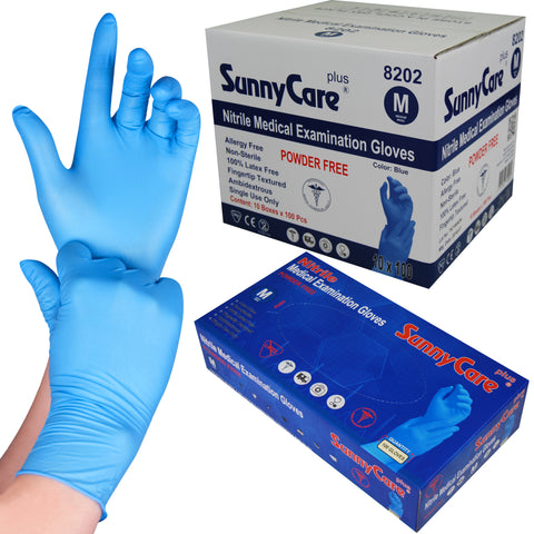SunnyCare #8202 4.0mil Bule Nitrile Exam Gloves Powder Free M 1000Count