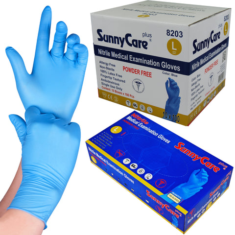 SunnyCare #8203 4.0mil Bule Nitrile Exam Gloves Powder Free L 1000Count
