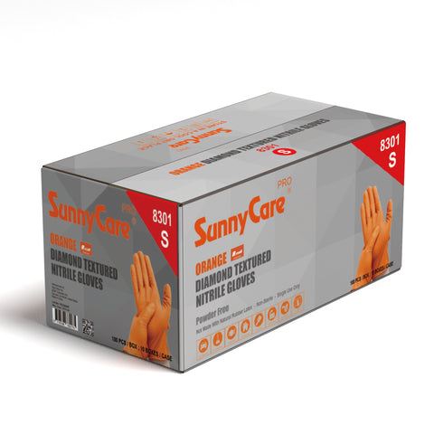 SunnyCare 8301 Pro Orange Diamond Textured Nitrile Gloves – 8 Mil, Powder Free, Small, 100 Count / 10 box
