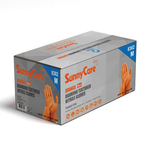 SunnyCare 8302 Pro Orange Diamond Textured Nitrile Gloves – 8 Mil, Powder Free, M, 100 Count/ 10 Box