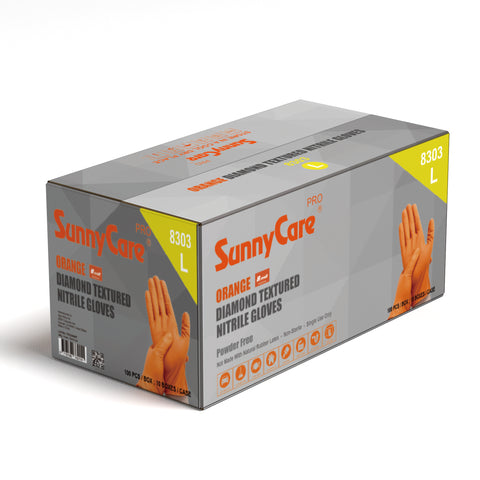 SunnyCare 8303 Pro Orange Diamond Textured Nitrile Gloves – 8 Mil, Powder Free, L, 100 Count/ 10 Box