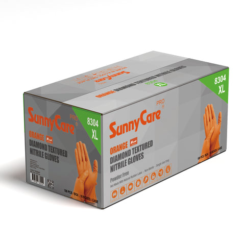 SunnyCare 8304 Pro Orange Diamond Textured Nitrile Gloves – 8 Mil, Powder Free, XL, 100 Count / 10 Box