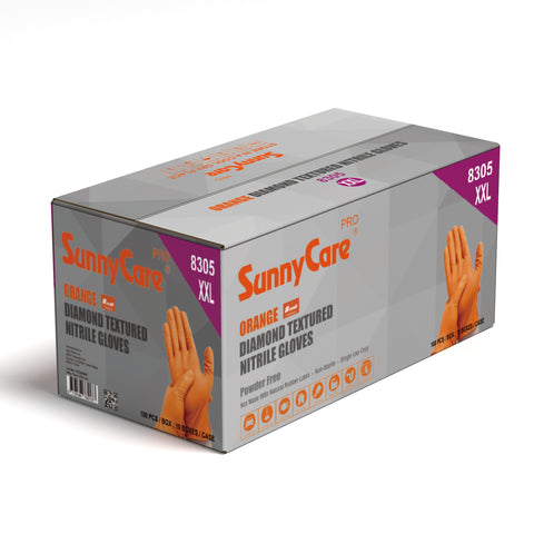 SunnyCare 8305 Pro Orange Diamond Textured Nitrile Gloves – 8 Mil, Powder Free, XXL, 100 Count / 10 Box