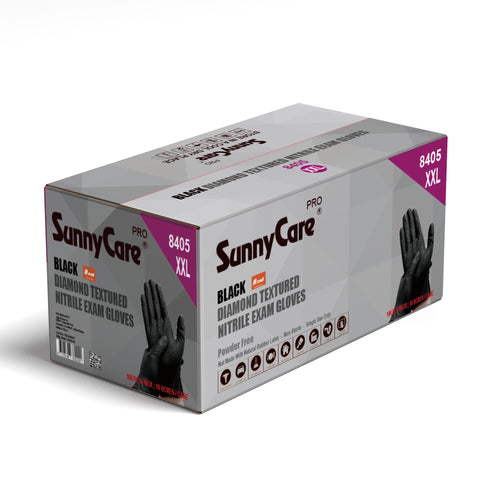 SunnyCare 8405 Pro Black Diamond Textured Nitrile Exam Gloves – 8 Mil, Powder Free, XXL, 100 Count /10 Box