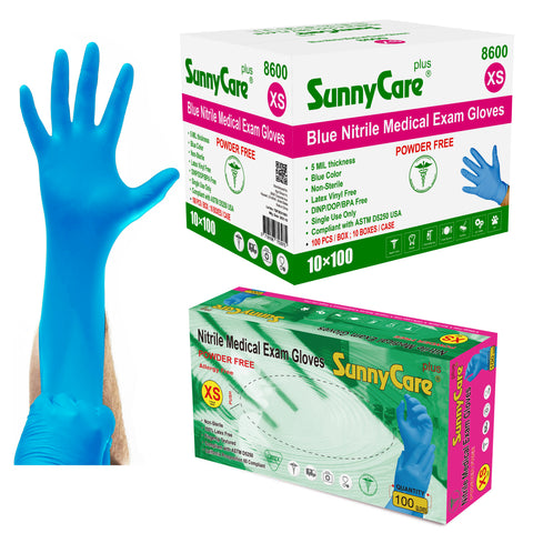 SunnyCare #8600 5.5mil Bule Nitrile Exam Gloves Powder Free XS 1000Count