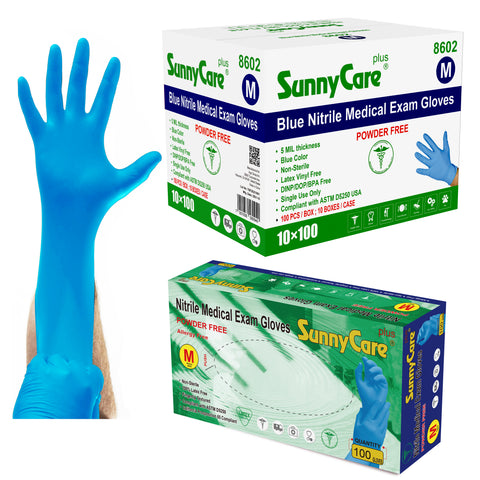 SunnyCare #8602 5.5mil Bule Nitrile Exam Gloves Powder Free M 1000Count