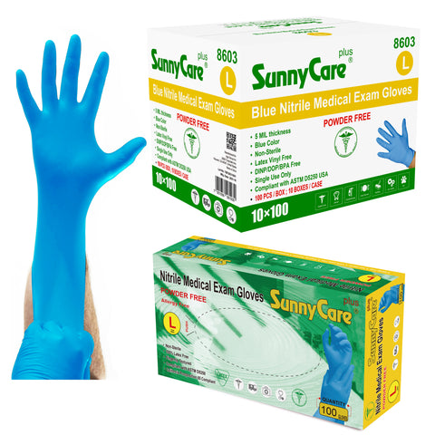 SunnyCare #8603 5.5mil Bule Nitrile Exam Gloves Powder Free L 1000Count