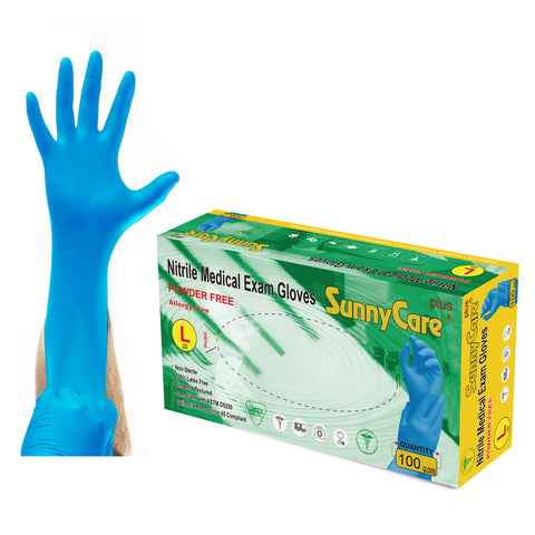 SunnyCare #8603 5.5mil Bule Nitrile Exam Gloves Powder Free L 100Count