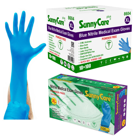 SunnyCare #8604 5.5mil Bule Nitrile Exam Gloves Powder Free XL 1000Count