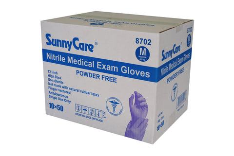 SunnyCare #8702 8.0mil 12'' Blue Nitrile Exam Gloves Powder Free M 500Count