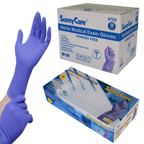 SunnyCare #8702 8.0mil 12'' Blue Nitrile Exam Gloves Powder Free M 500Count
