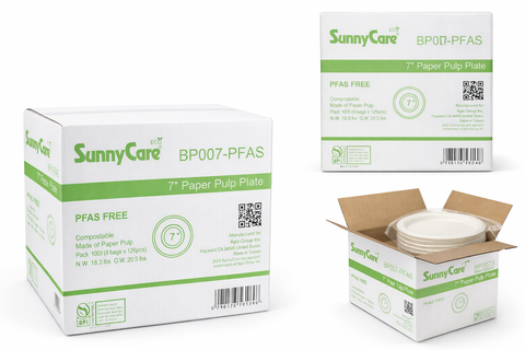 SunnyCare BP007-PFAS Compostable 7″ Paper Pulp Plates, PFAS-Free, 500 Plates/Case
