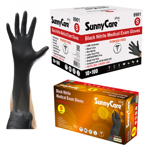 SunnyCare #8901 5.5mil Black Nitrile Exam Gloves Powder Free S 1000Count