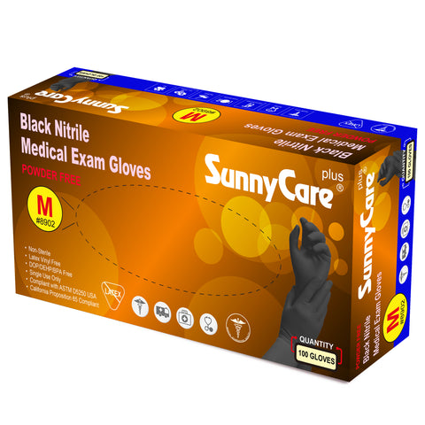 SunnyCare #8902 5.5mil Black Nitrile Exam Gloves Powder Free M 100Count