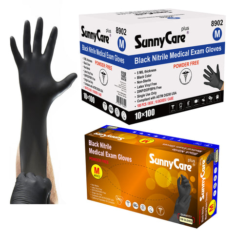 SunnyCare #8902 5.5mil Black Nitrile Exam Gloves Powder Free M 1000Count