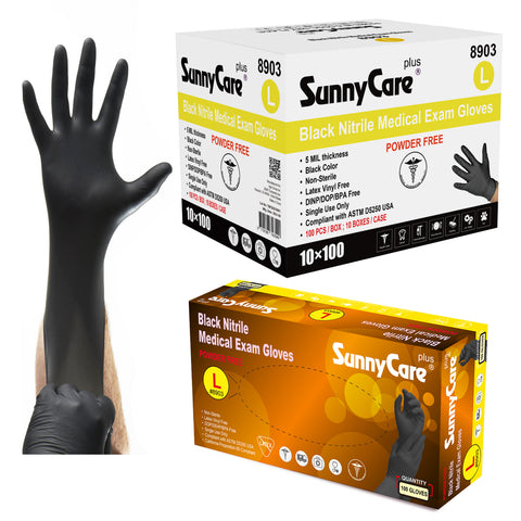 SunnyCare #8903 5.5mil Black Nitrile Exam Gloves Powder Free L 1000Count