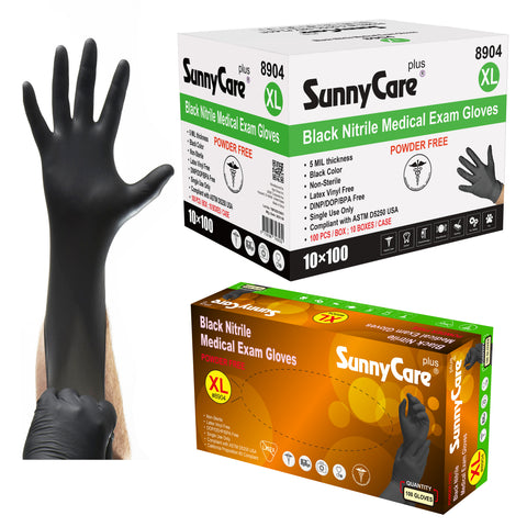 SunnyCare #8904 5.5mil Black Nitrile Exam Gloves Powder Free XL 1000Count