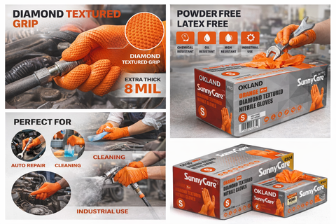 SunnyCare 8301 Pro Orange Diamond Textured Nitrile Gloves – 8 Mil, Powder Free, Small, 100 Count / 10 box