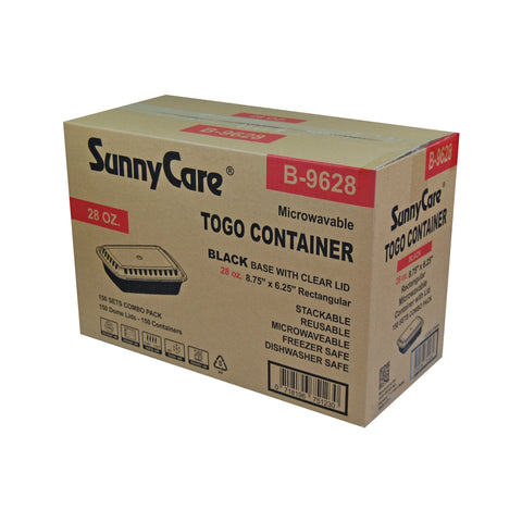 SunnyCare B-9628 28oz Rectangular To-Go Container (Black Base + Clear Lid) – 150 Sets/Case