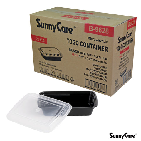 SunnyCare B-9628 28oz Rectangular To-Go Container (Black Base + Clear Lid) – 150 Sets/Case