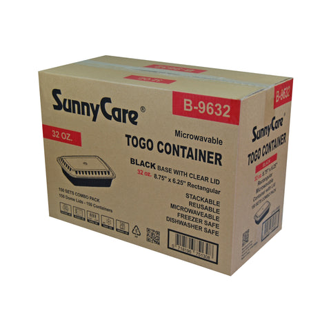 SunnyCare B-9632 32oz Rectangular To-Go Container (Black Base + Clear Lid) – 150 Sets/Case