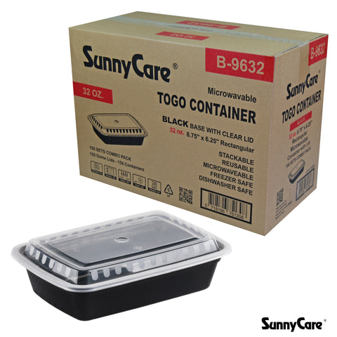 SunnyCare B-9632 32oz Rectangular To-Go Container (Black Base + Clear Lid) – 150 Sets/Case
