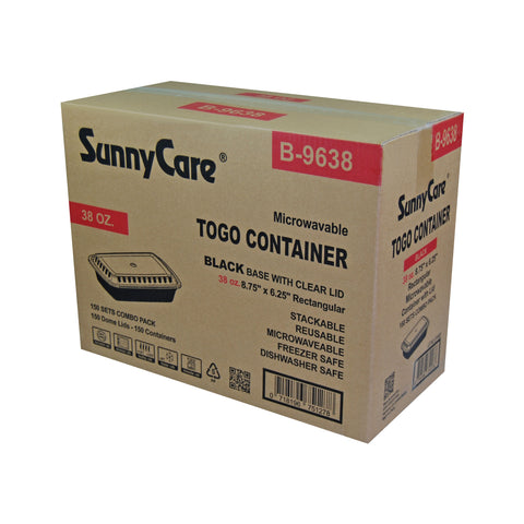 SunnyCare B-9638 38oz Rectangular To-Go Container (Black Base + Clear Lid) – 150 Sets/Case