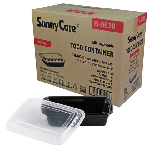 SunnyCare B-9638 38oz Rectangular To-Go Container (Black Base + Clear Lid) – 150 Sets/Case
