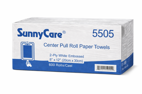 SunnyCare 5505 Center Pull Roll Paper Towels 2-Ply White 8'' x 12'' 600 Sheets/Roll
