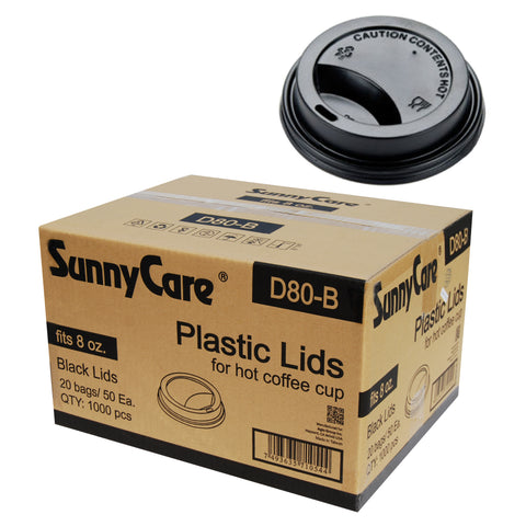 SunnyCare D80-B Black Plastic Lids for Hot Coffee Cups, Fits 8 oz, 1000 Count